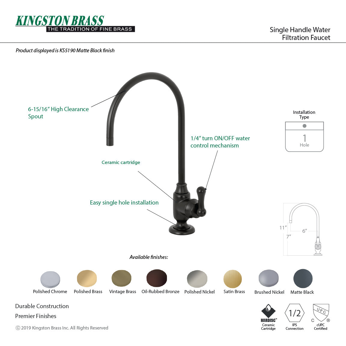 Kingston Heirloom KS5192AL - Royale Single-Handle 1-Hole Deck Mount Water Filtration Faucet, Polished Brass — thumbnail 2